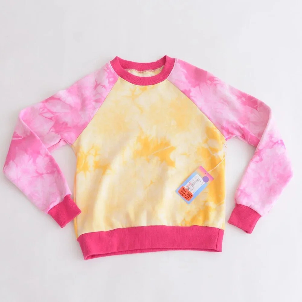 Warm Fun Yellow & Pink Sunset Tie-Dye Laid Back Crewneck Sweater Sweatshirt XS
